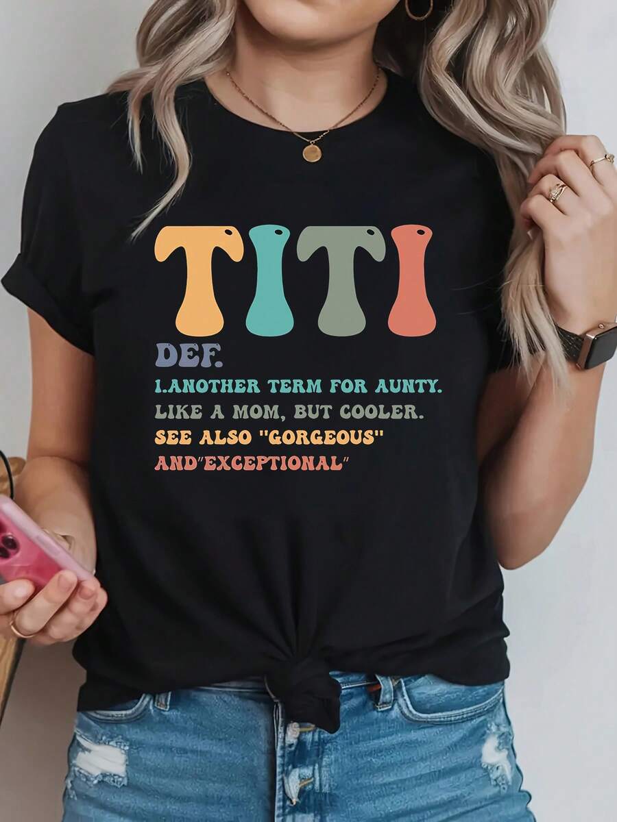 Women's T-Shirt With Auntie Defined Pattern, Pure Cotton Short Sleeved T-Shirt, Breathable And Comfortable Round Neck Street Style, Suitable For Daily Wear, Parties And Social Occasions, Suitable For Outings And Sports Gift Clothing - màu đen - Xem 1