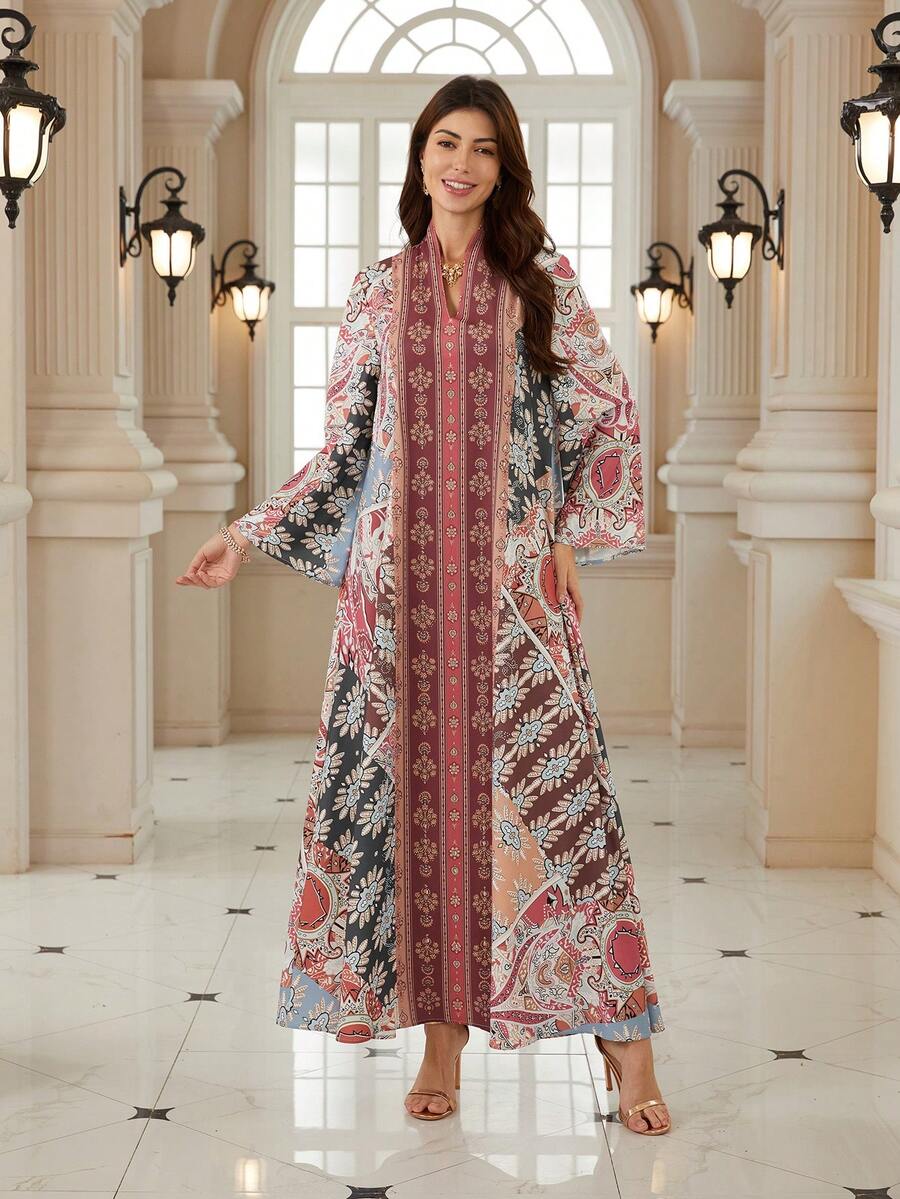 Elegant Women's Notched Neck Long Sleeve Bohemian Print Dress, Made Of Soft Fabric, Showcasing A Chic Boho Style