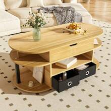 Table basse moderne avec finition imitation bois, mécanisme de levage, espace de rangement et tiroirs en tissu noir – polyvalente, élégante et pratique pour le salon et le bureau. - Noir - Voir 9