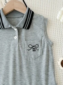 Girls' Gray Polo Collar Sleeveless Dress, School Style Contrast Stripe Lapel Pleated Dress, Toddler Embroidered Bow Casual A-Line Dress - Grey - View 5