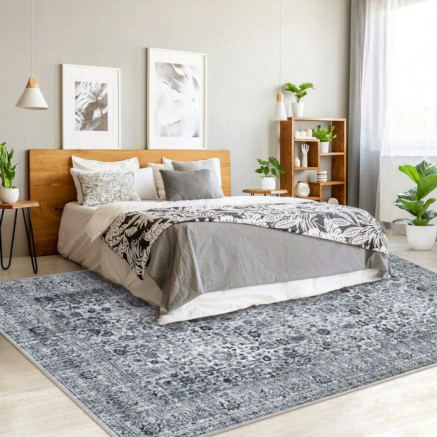 Boho Print Washable Rugs Non Slip Low Pile Vintage Floral Traditional Carpet For Living Room Bedroom Kitchen Dining, Grey - Xám - Xem 1