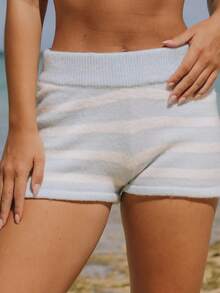 Women Striped Knit Micro Shorts Fold Over Elastic Waist Slim Fit Mini Bottom Y2k Lounge Sweater Shorts - 藍色 - 查看 2