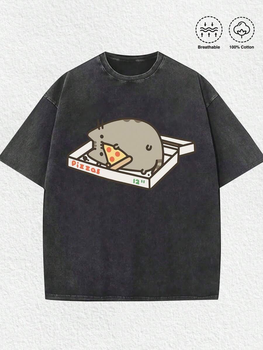 Push-Een Pizza Graphic Tee, Cute Cat Cartoon T-Shirt,Comfortable And Versatile,Letter Pattern Pure Cotton 220g Printed T-Shirt - màu đen - Xem 1