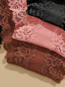 3 paquetes de ropa interior de mujer de algodón orgánico acanalado | Con adorno de encaje floral, suave y transpirable | Ropa interior diaria - Multicolor - Ver 7