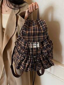 1个时尚格子多口袋尼龙休闲背包，防水轻便可折叠抽绳贴布字母旅行包，大学包 - 棕色 - 查看 7