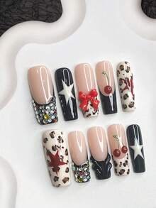 10pcs Cute & Stylish French Manicure Set, Acrylic Press-On Nails, 3D Red Bow Nail Decor, Colorful Rhinestone Design, Hand-Painted Red & White Star, 3D Red Cherry Nail Art, Autumn/Winter Theme, Black Nail Polish, Manicure Tools Included Nail Supplies Handmade Press On Nails - Multicolor - View 4