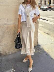 Women's Lace Trim Satin Silk Midi Skirt Y2K Elegant Silky Flowy A Line Long Skirt Vintage Bodycon Pencil Maxi Skirts Going Out Beach Vacation Skirt Streetwear - 香檳色 - 查看 3