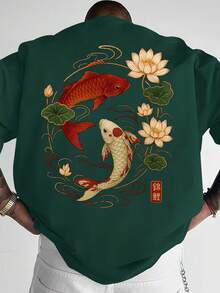 Men's Summer Fashion Minimalist Street Carp Element Print Round Neck Short Sleeve T-Shirt | All-Match Street Casual Pullover, Boyfriend/Husband Gift - Dark Green - View 3