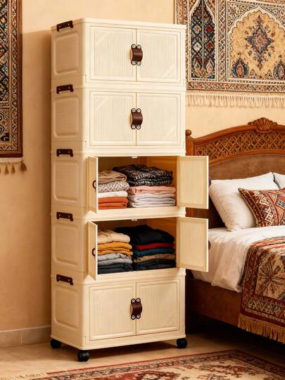 1pc 38cm-58cm Width Foldable Storage Cabinet, 1-5 Layers Selectable, Thickened Double Door With Wheels, Home Use No-Assembly Storage Rack, Organizer For Clothes & Toys, Plastic Folding Storage Cabinet