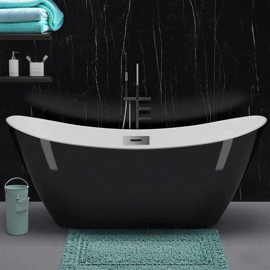 Freestanding Bathtub 59 Inch Black And White Acrylic Soaking Tub, Modern Compact Bathtub For Bathroom Remodel And Comfort Bathing - White - View 1