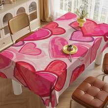 1件套粉色渐变格子爱心情人节桌布套装，混搭风格涤纶长方形桌布，带有渐变爱心和格子爱心图案 - 彩色 - 查看 6