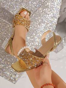 1 Pair Summer Gold Rhinestone Square Toe Block Heel Sandals, Transparent Heel Ankle Strap Dress Shoes For Women Party And Wedding - Gold - View 1