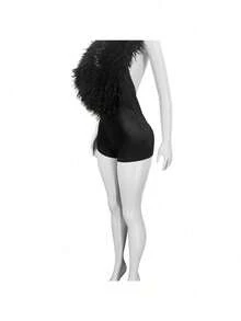 Fashion Casual Women's Elegant Feathers Deep V Halter Neck Sexy Fashion One-Piece Shorts Women Black Feather Spliced Satin Set - Luxury Deep V Top & High Waist Shorts Two-Piece For Party & Club - 黑色 - 查看 5