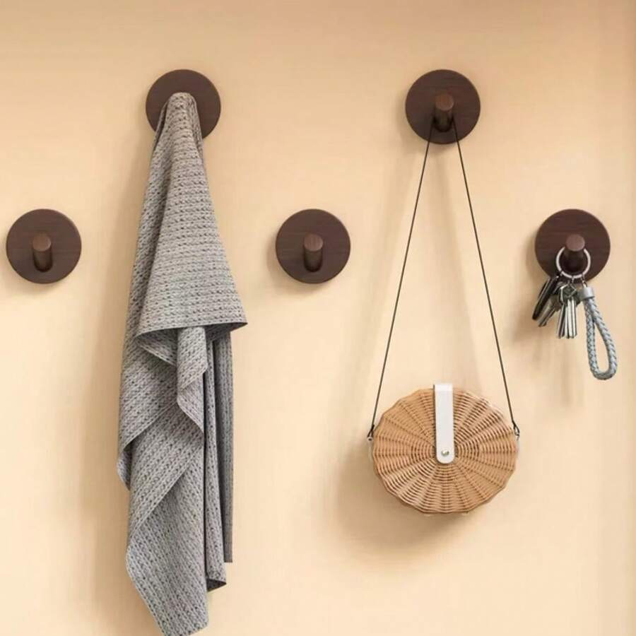 1pc No-Drill Round Wooden Wall Hook Organizer - Coffee Brown - View 1
