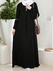 女士休闲亮片长袍，春季新款时尚阿拉伯长袍（黑色） - 黑色 - 查看 3