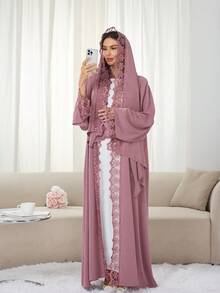 1 套头巾 + 开放式阿巴亚伊斯兰中长连衣裙，土耳其迪拜阿巴亚长袍带头巾，适合穆斯林女性日常穿着 - 彩色 - 查看 11