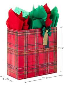 EstiloTendenciaHallmark Signature - Bolsa De Regalo De Navidad Cuadrada Extragrande De 12 Pulgadas Con Papel De Seda (Cuadros Rojos Con Lazo Y Campana)Calidad PremiumVersióN Mejorada - Verde cazador, dorado - Ver 3
