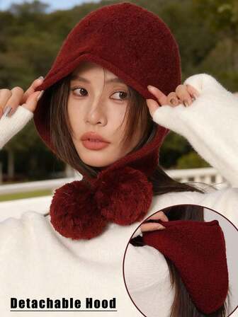 1 Set Gorro y Bufanda de Punto de unicolor Vintage con Pompones para Mujer, Elegante, Cálido y a Prueba de Viento para el Invierno, Adecuado para el Uso Diario y Casual