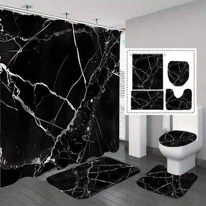 1 pieza/4 piezas Juego de baño con patrón de textura de mármol negro, Cortinas de baño, Cortina de ducha de poliéster con estampado digital, Cortina divisoria de baño sin perforación