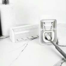 5 Slots Wall Mount Toothbrush Holder With Cover Self Adhesive Toothbrush Storage Organizer For Shower Toothbrush Hanger With Automatic Toothpaste Squeezer Dispenser - 白色組合 - 查看 3