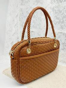 Checkered Crossbody Bag For Women Shoulder Plaid Handbags Top Handle Satchel Bag Woven Bum Bag Stylish Woven Crossbody Bag PU Leather - 純棕色 - 查看 6