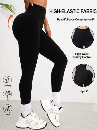 Women's High Waist Shaping Leggings - Pure Black, Moisture-Wicking, Stretchy Fabric, Suitable For Fitness, Outdoor Activities, Streetwear And Yoga, High-Waist Design, Breathable Material, Great For Christmas, New Year Outfits