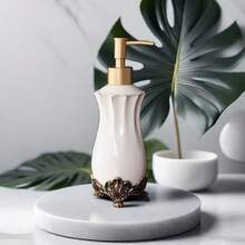 奢华陶瓷液体皂液器，纯色浴室创意按压瓶，酒店洗发水沐浴露可补充装瓶，创意按压式台面洗涤液补充装瓶，浴室配件，圣诞节，万圣节礼物 - 米色 - 查看 9