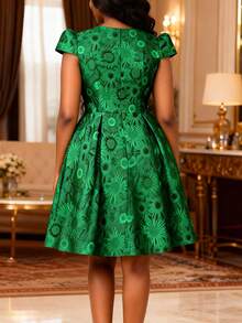 Women Green Chic Subtle V Neck Floral Jacquard A Line Dress Spring Summer Wedding Evening - Green - View 3