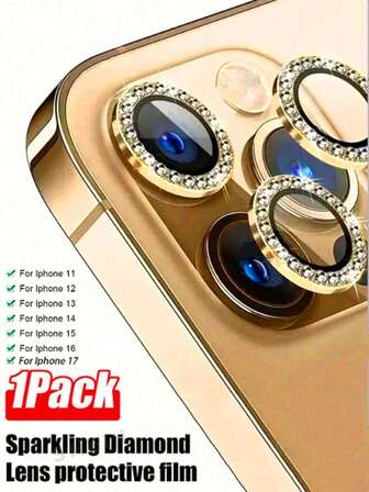 1 Set Protector de lente de cámara de manzana con diamantes dorados, tapa de lente con diamantes dorados, apto para iPhone 11/12/13/14/15/16/17/17 Air/17 Pro/17 Pro Max y otras series