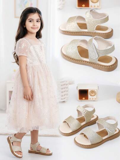 1 par flickor glänsande guldfärgade PU-material halkfri mjuk innersula bekväma rund tå fiskmunnsandaler, prinsessmodell lämpliga för flickor 5-16 år, födelsedagsfest, fritid, skola, semester, vår 2026 trendigt plagg