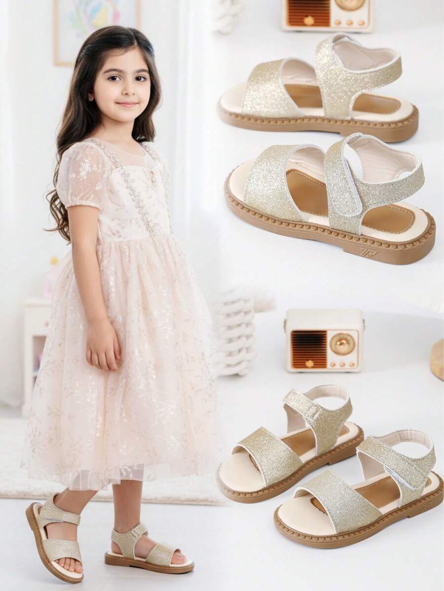 1双女童亮金色PU材质防滑软垫舒适圆头鱼嘴平底凉鞋，公主风，适合5-16岁女孩，生日派对、休闲、上学、度假，2026年春季流行单品 - 金色 - 查看 1