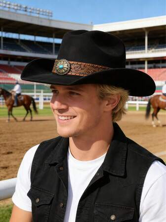 1pc Men's Fashion Solid Color Brim Curled Felt Hat, Paired With Brown Wide Belt And Silver Metal Bull Head Logo, Personalized Wide Brim Curled Felt Hat, Outdoor Western Cowboy Hat, Unisex Versatile Style
