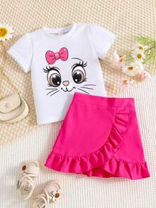 Young Girls Cartoon Print T-Shirt And Ruffle Hem Skirt Set - Hot Pink - View 1