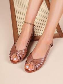 2pcs Brown Open Toe Woven Sandals, Essential For Vacation, Women's Elegant Flat Sandals - Brown - View 3