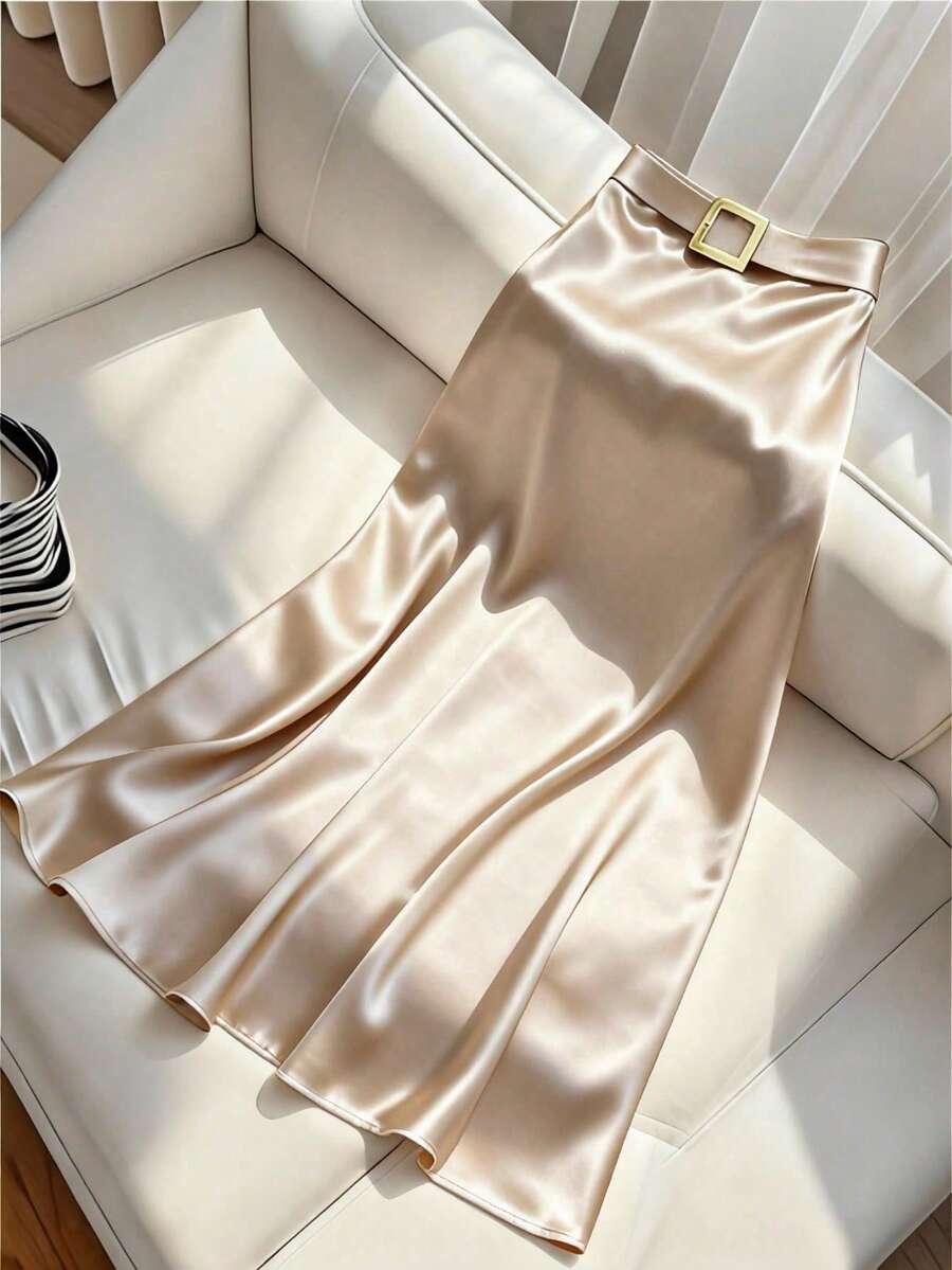This Elegant Satin Fabric Skirt Is A Perfect Choice For Spring Wear. It Is Very Suitable For Daily Outings, Travel, Parties, Valentine's Day, And Dates. (Belt Not Included) Summer