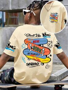 Tween Boy Cartoon Smiling Face Print Round Neck Short Sleeve Casual Versatile T-Shirt - Apricot - View 9