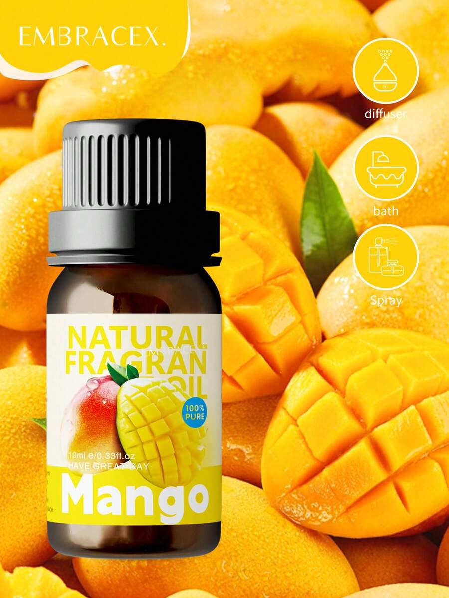 EMBRACEX. 10毫升芒果香氛精油，纯芒果提取物制成，持久留香，女士夏季香氛，车载空气清新剂，香薰机，液体香氛，藤条香薰油，家居香氛产品，新奇礼品，精油，水溶性家居香氛
