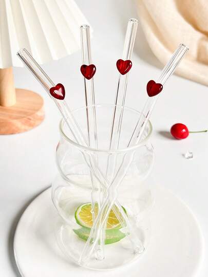 1/2/4pcs Reusable Cutlery Set, Glass Straws With Heart Decor, Cute Bent Transparent Glass Straws With Cleaning Brush, Suitable For Kitchen Accessories, Cups, Straw Lids, Cold Drinks, Milk Tea, Coffee, Juice, Smoothies, Home, Restaurant, Cocktail Party, Back To School, Gifts For Girlfriend/Boyfriend, Parents, Friends, Holidays, New Year, Valentine's Day