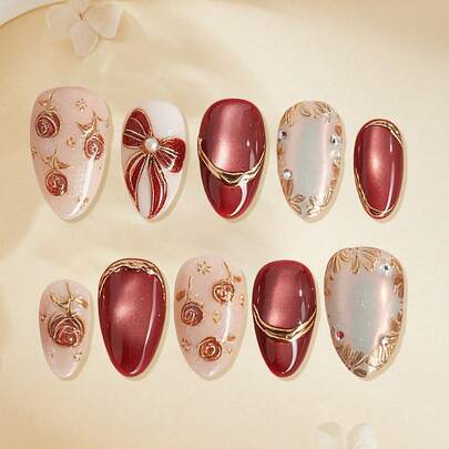 10片法式猫眼手工杏仁形美甲贴纸，亚克力假指甲贴片，DIY美甲贴纸套装，Y2K全息风格，花朵蝴蝶结设计，镶嵌金色白色珍珠/水钻，全覆盖假指甲，可重复使用的美甲用品，适用于美甲沙龙、女孩和女士日常美甲、节日派对和礼物、情人节礼物、女孩礼物、美甲套装、美甲配件