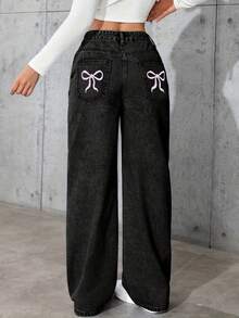 Pantaloni di jeans a vita alta e gamba ampia con stampa a fiocco, adatti per le ragazze adolescenti - nero - Visualizzare 3