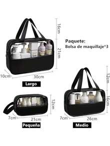 Neceseres de Maquillaje de Viaje, 3 Paquetes de 3 Tamaños, Organizador Cosmético con Cremallera para Mujer, Resistente al Agua, para Brochas y Accesorios Digitales - Negro - Ver 2