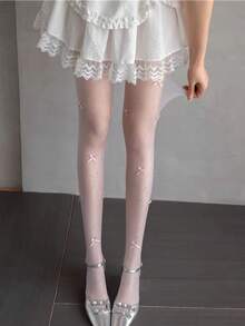 1双女士/女孩水钻蝴蝶结透明连裤袜，性感薄款紧身裤，适合日常、约会、派对及各种场合。 - 粉色 - 查看 3