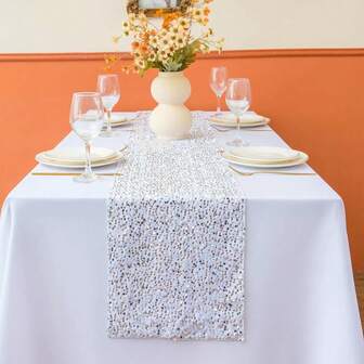 1 pieza Mantel plateado, Camino de mesa con lentejuelas brillantes para fiestas festivas, Navidad, Baby Shower, Boda, Cumpleaños