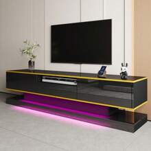 Modern TV Unit With Three Drawers And One Open Compartment - High-Gloss Lacquered Finish With Multi-Coloured LED Lighting, 180 X 38 X 45 Cm - Black - View 5