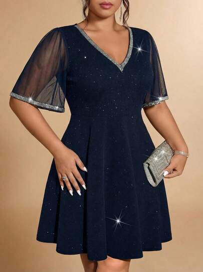 Voworia EARO Plus Size Fashionable Luxury Socialite Style Casual Design Versatile Short Sleeve Semi-Sheer V-Neck Sequin Dress For Women, Spring/Autumn New Arrivals, High-End Elegant Long Sleeve Banquet Fitted Loose Comfortable Ruffle Hem Slimming Evening Gown