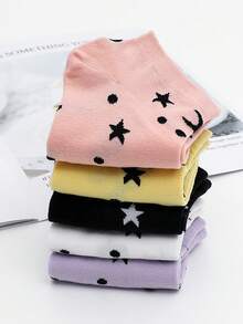 5 Pairs Random Spring/Summer New Thin Fashion Women Socks, Star & Moon Solid Color Ankle Socks - Multicolor - View 3