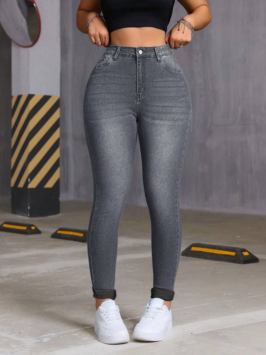High Waist Cuffed Slim Fit Distressed Pocket Jeans, Suitable For Christmas Wear, Autumn - Grey- - View 1