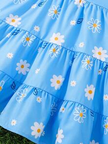 Young Girl Blue Floral Print Sleeveless Ruffle Hem Dress, Spring/Summer - Blue - View 8