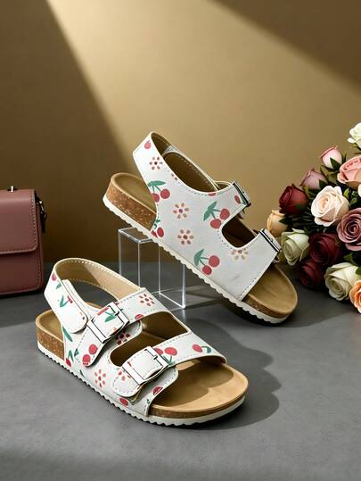 Giày sandal in hoa và quả anh đào cho bé gái mùa xuân/hè 2026, khóa kim loại đôi và quai đeo mắt cá chân co giãn, màu nâu trắng, đế mềm chống trượt - Giày đi bộ ngoài trời dễ thương cho bé gái.