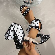 欧洲车站新款波点蝴蝶翅膀粗跟露趾性感优雅高跟凉鞋女鞋 - 黑色 - 查看 6